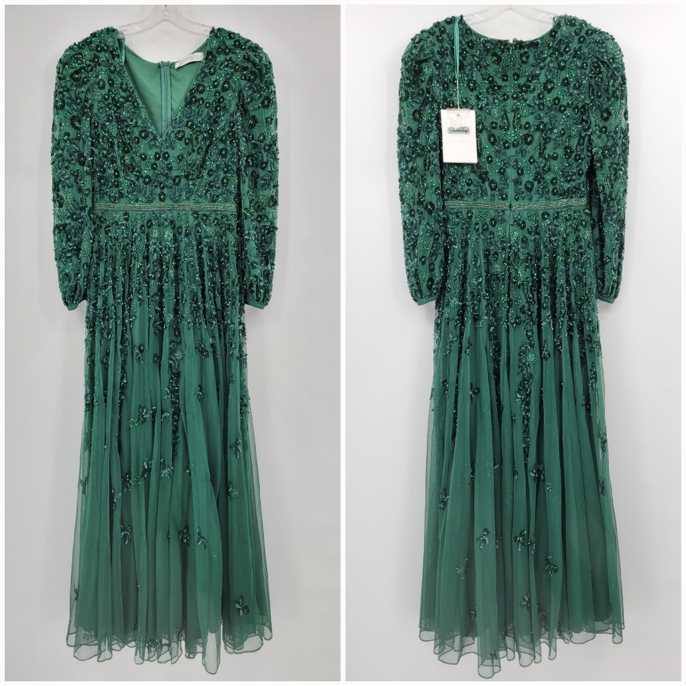 Mac Duggal Green Embellished V Neck 3/4 Sleeve A Line Gown - Picture 3 of 15